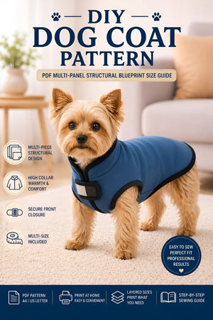 DIY Dog Coat Pattern PDF main cover image featuring a small terrier model wearing a blue fleece dog jacket with a high collar and secure front closure.