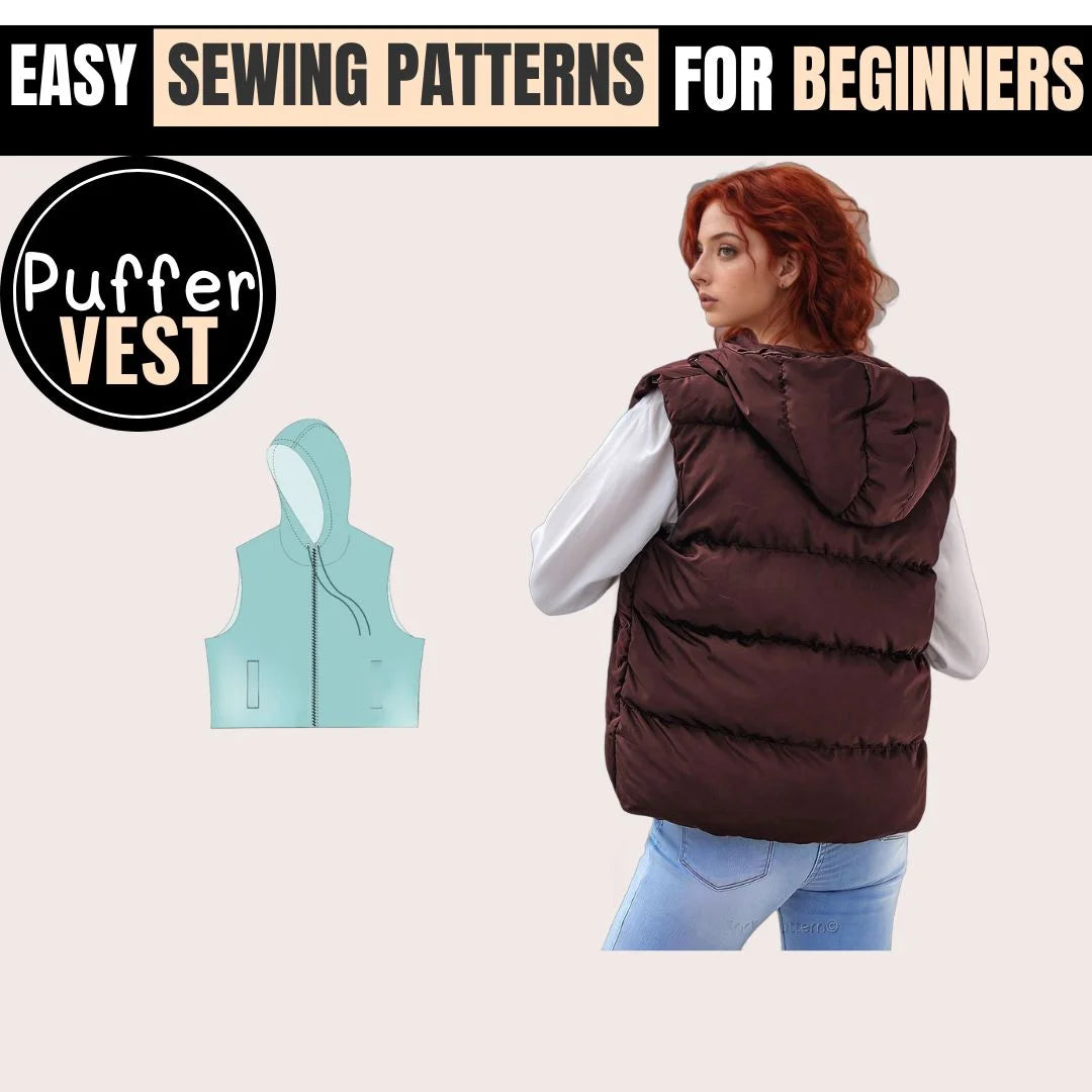 Hooded Puffer Vest Sewing Pattern PDF - DIY Quilted Hooded Puffer Vest Pattern for Women, Available in Sizes XS-XXXL, Perfect for Beginners, Includes Detailed Instructions and Recommended Fabrics for Your Sewing Project