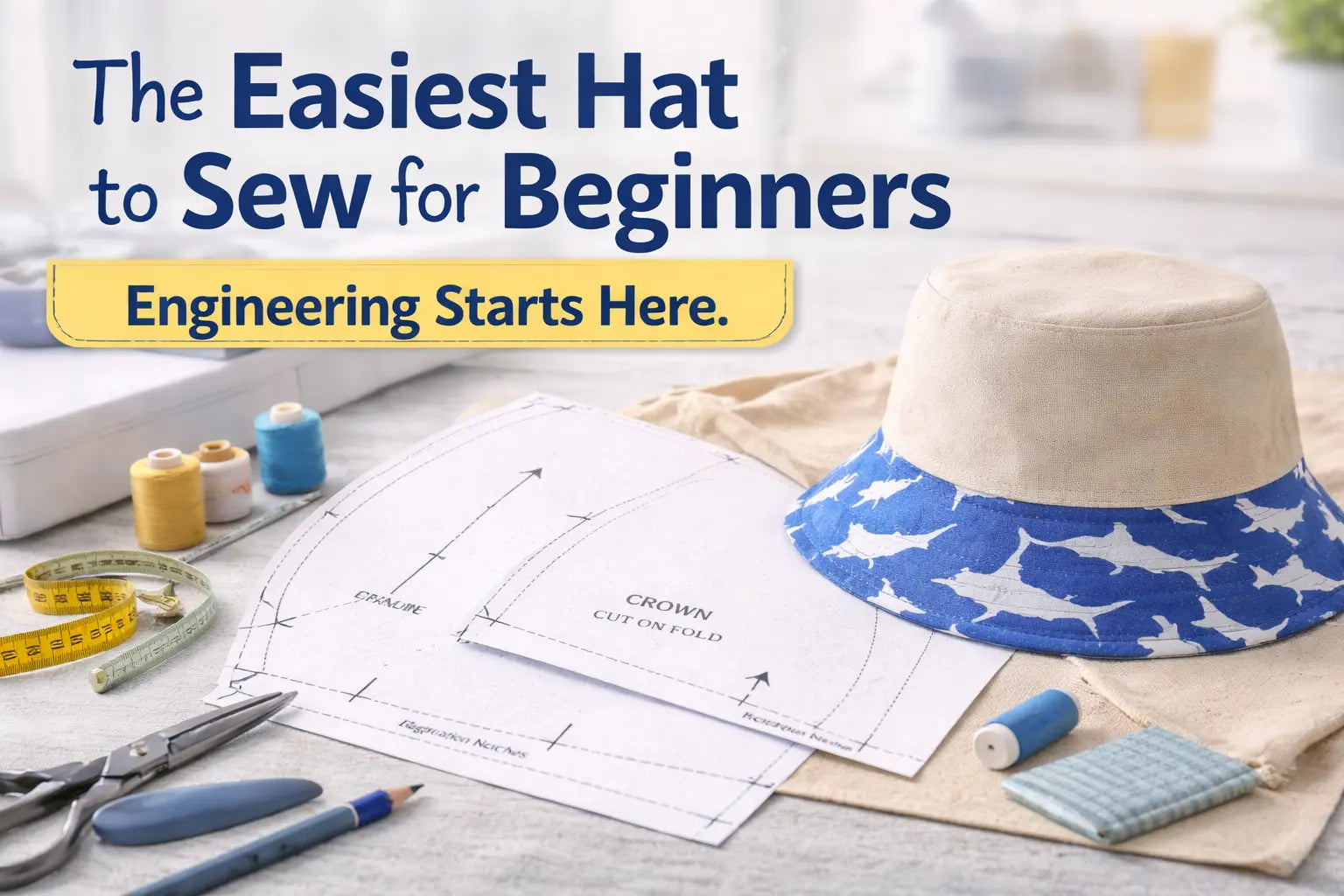 An inspiring overhead shot of a finished canvas bucket hat next to an open HappyOff instruction manual, fabric shears, and a spool of thread, titled 'The Perfect Entry Project'.