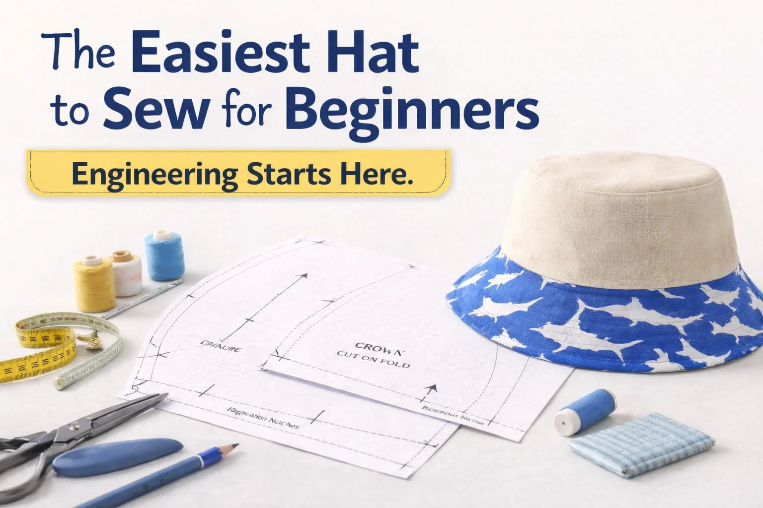 An inspiring overhead shot of a finished canvas bucket hat next to an open HappyOff instruction manual, fabric shears, and a spool of thread, titled 'The Perfect Entry Project'.