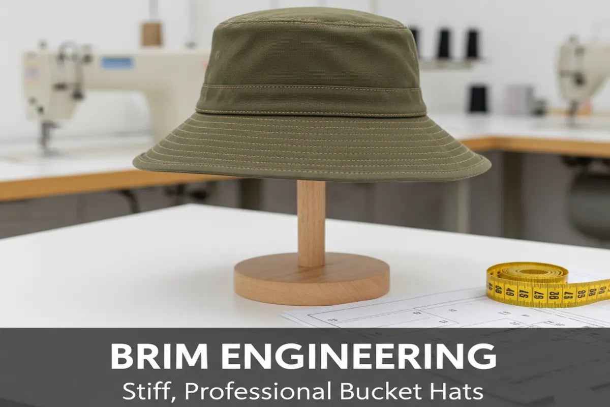 Professional studio landscape thumbnail featuring a perfectly stiffened bucket hat on a stand with a sewing machine background and technical text overlay reading 'Brim Engineering'