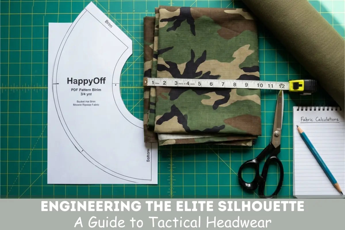 A sewing flat lay showing multicam fabric being measured with a tape, a notebook for fabric calculations, and a HappyOff brim pattern piece.