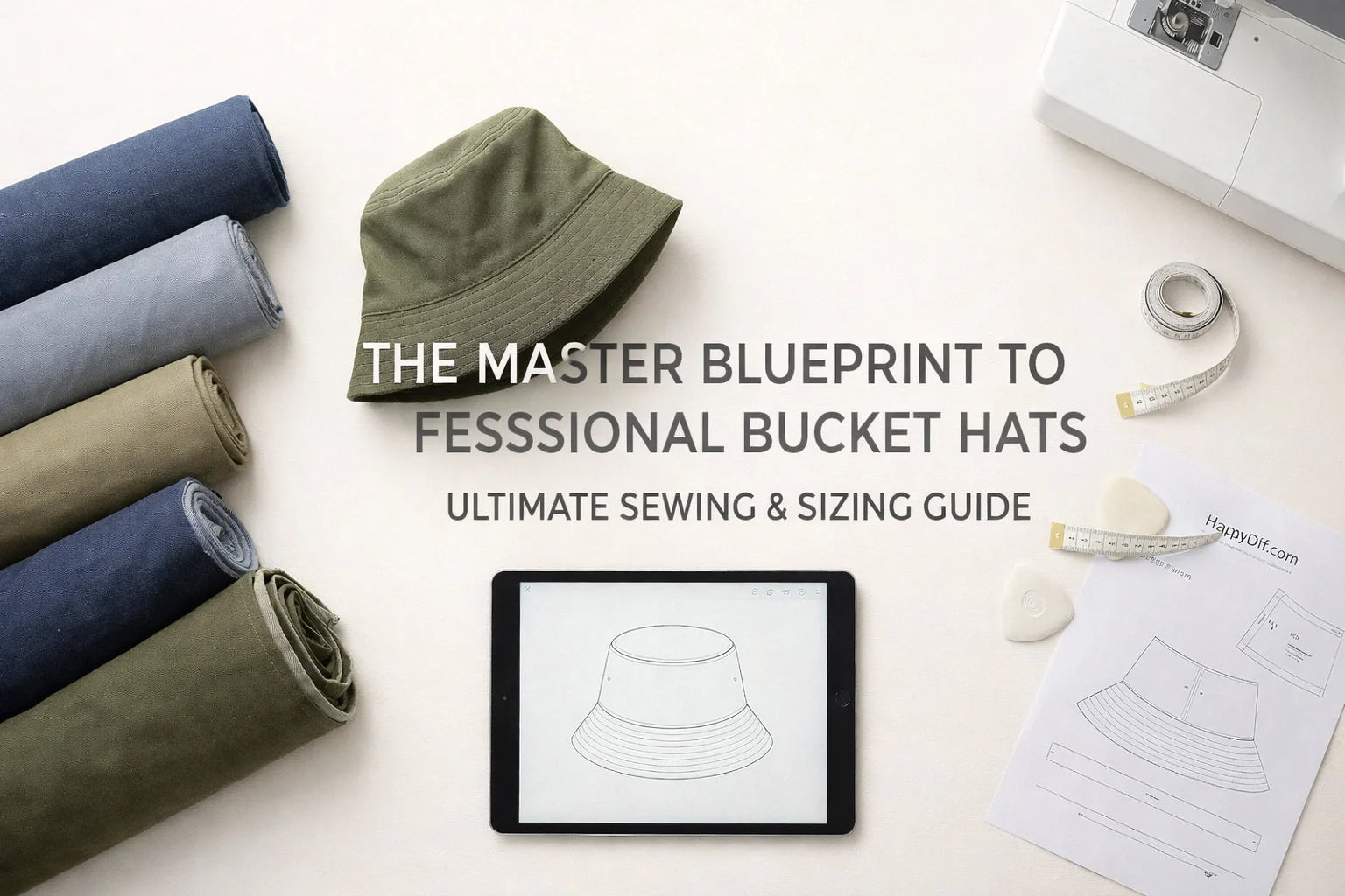 A minimalist digital thumbnail for a professional bucket hat sewing masterclass featuring a structured hat icon and HappyOff branding.