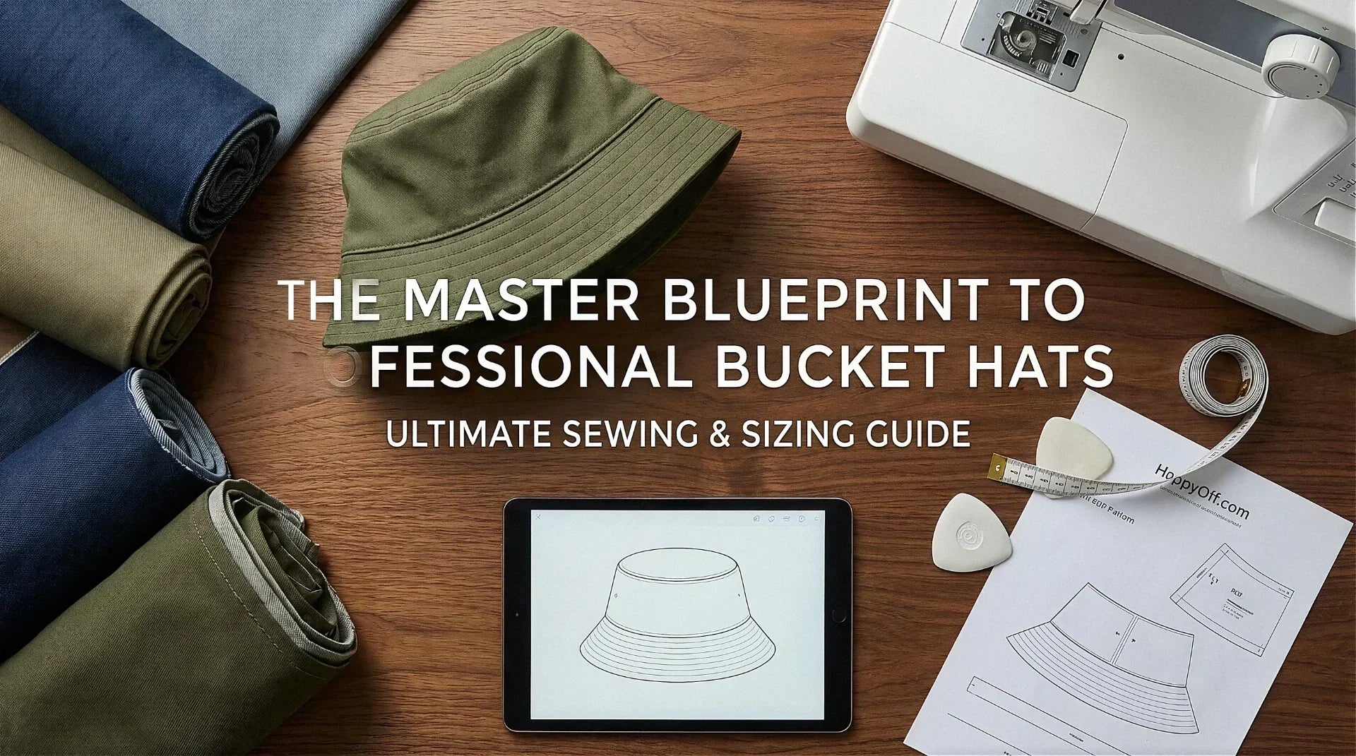 A minimalist digital thumbnail for a professional bucket hat sewing masterclass featuring a structured hat icon and HappyOff branding.