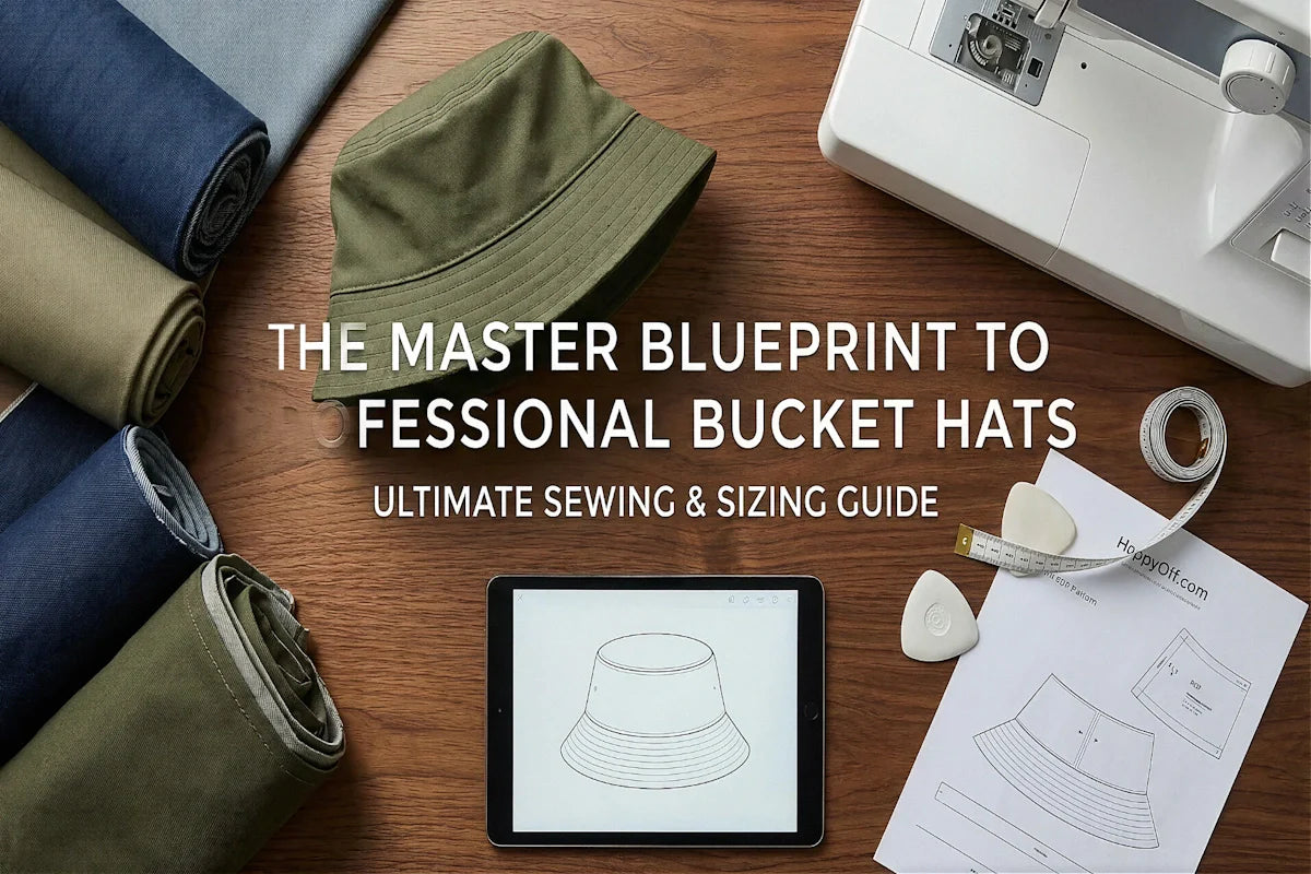 A minimalist digital thumbnail for a professional bucket hat sewing masterclass featuring a structured hat icon and HappyOff branding.