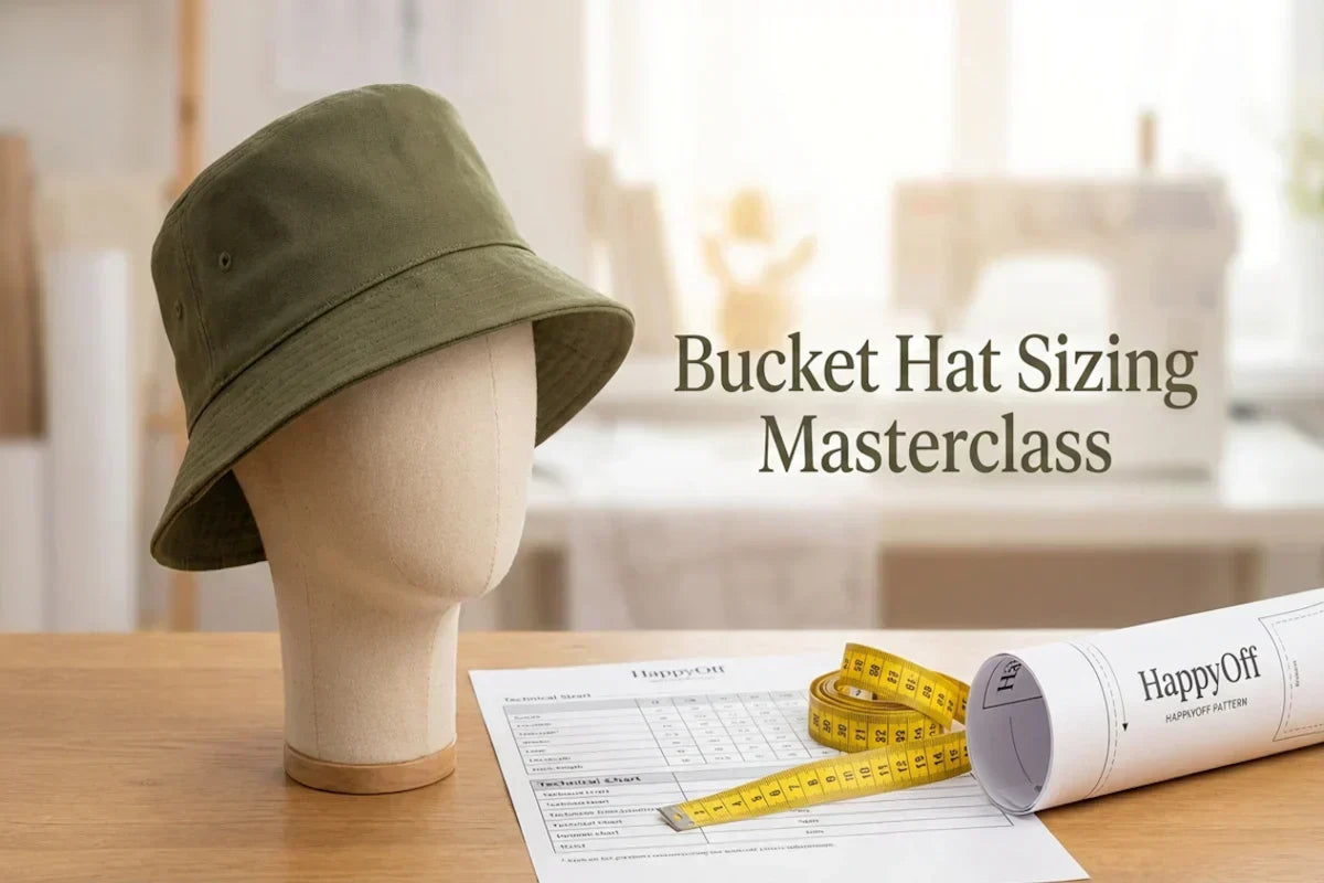 A professional studio photograph serving as a blog thumbnail, featuring a bucket hat on a headform, a measuring tape, and a technical sizing chart with the title 'Bucket Hat Sizing Masterclass'.