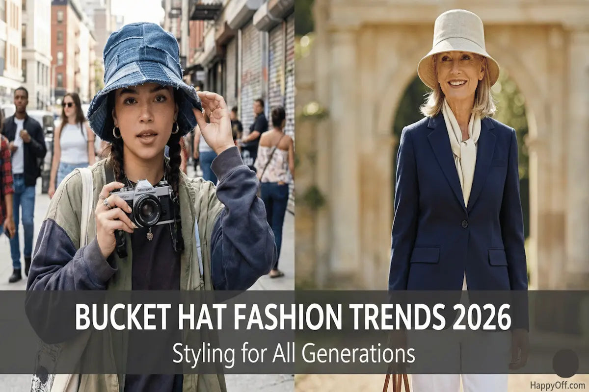 Landscape blog thumbnail for 'Bucket Hat Fashion Trends 2026' featuring a side-by-side of youth streetwear and mature luxury elegance, highlighting the HappyOff designer blueprint.