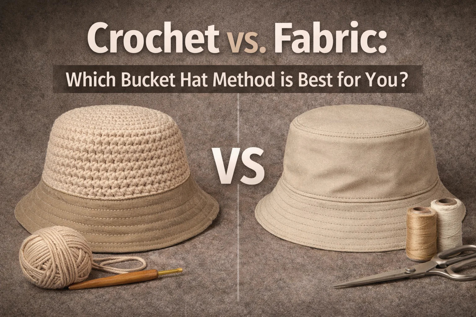 A split-screen editorial image featuring a vibrant crochet bucket hat on one side and a sleek denim bucket hat on the other, titled 'Crochet vs. Fabric: The Ultimate Construction Guide'.