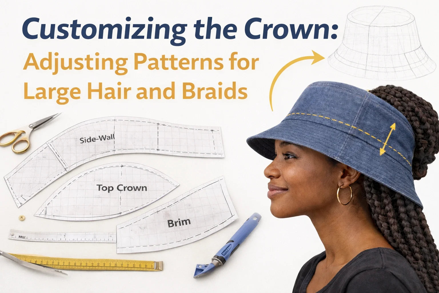 A high-end editorial shot of a model with long braids wearing a perfectly fitted, custom-deep bucket hat, titled 'Bespoke Fit: Customizing for Volume'.