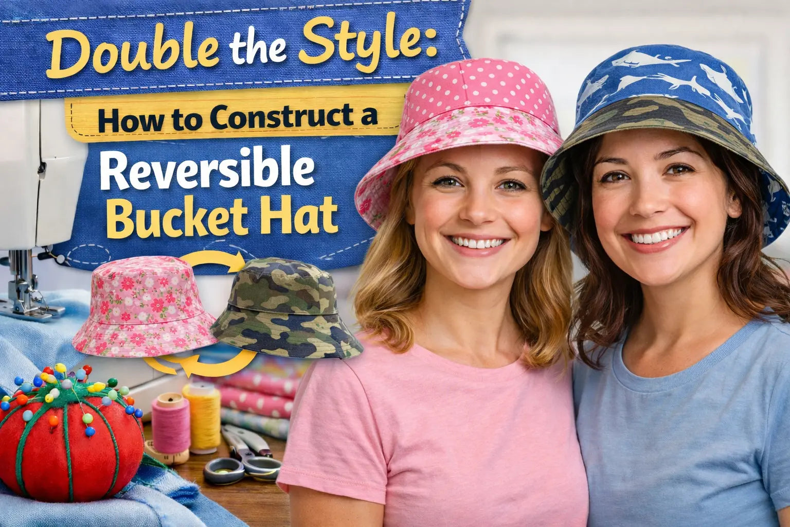 Professional masterclass thumbnail for reversible bucket hats, featuring a finished two-tone hat, HappyOff pattern pieces, and industrial sewing tools on a green self-healing mat.