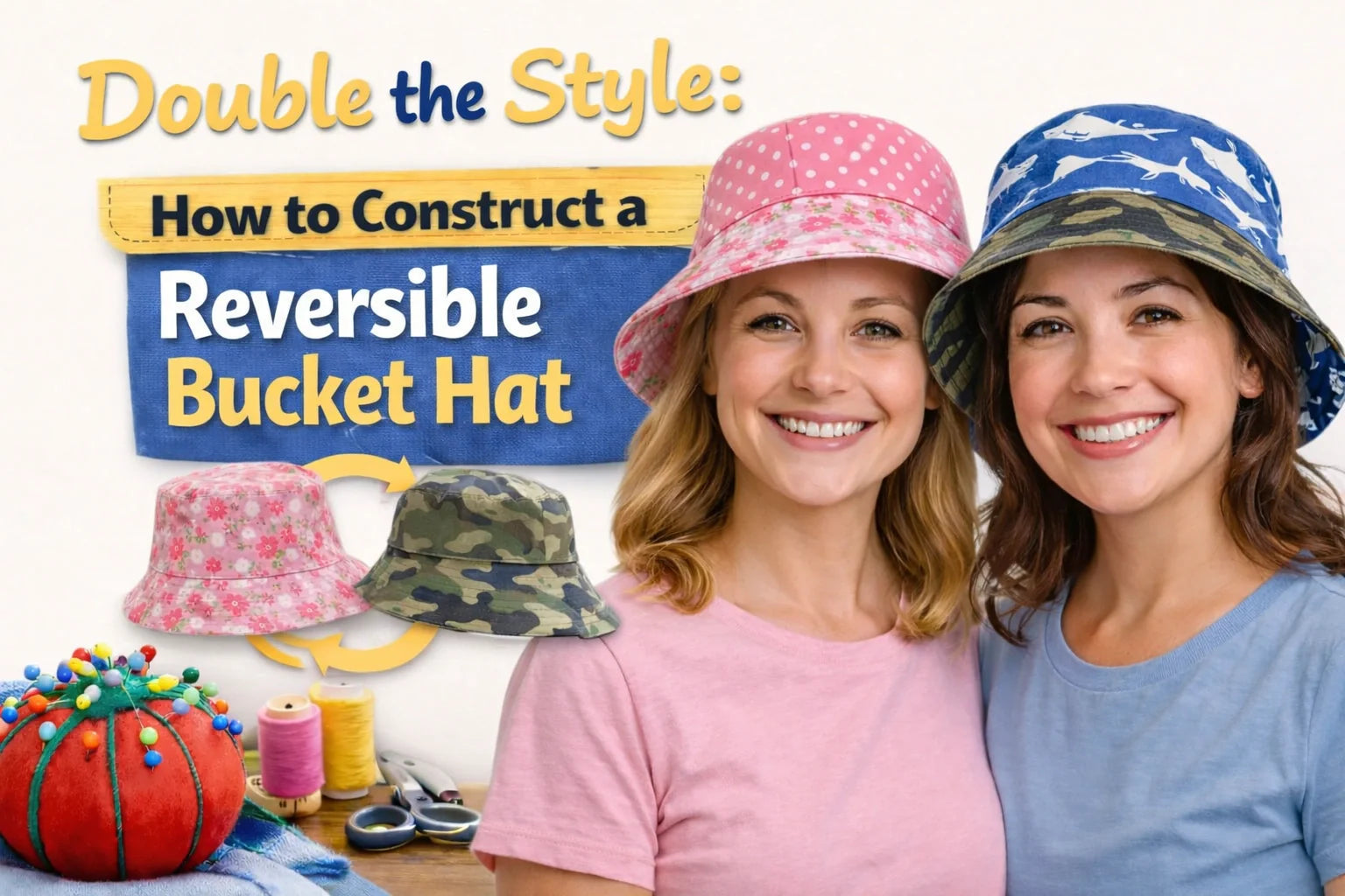 Professional masterclass thumbnail for reversible bucket hats, featuring a finished two-tone hat, HappyOff pattern pieces, and industrial sewing tools on a green self-healing mat.