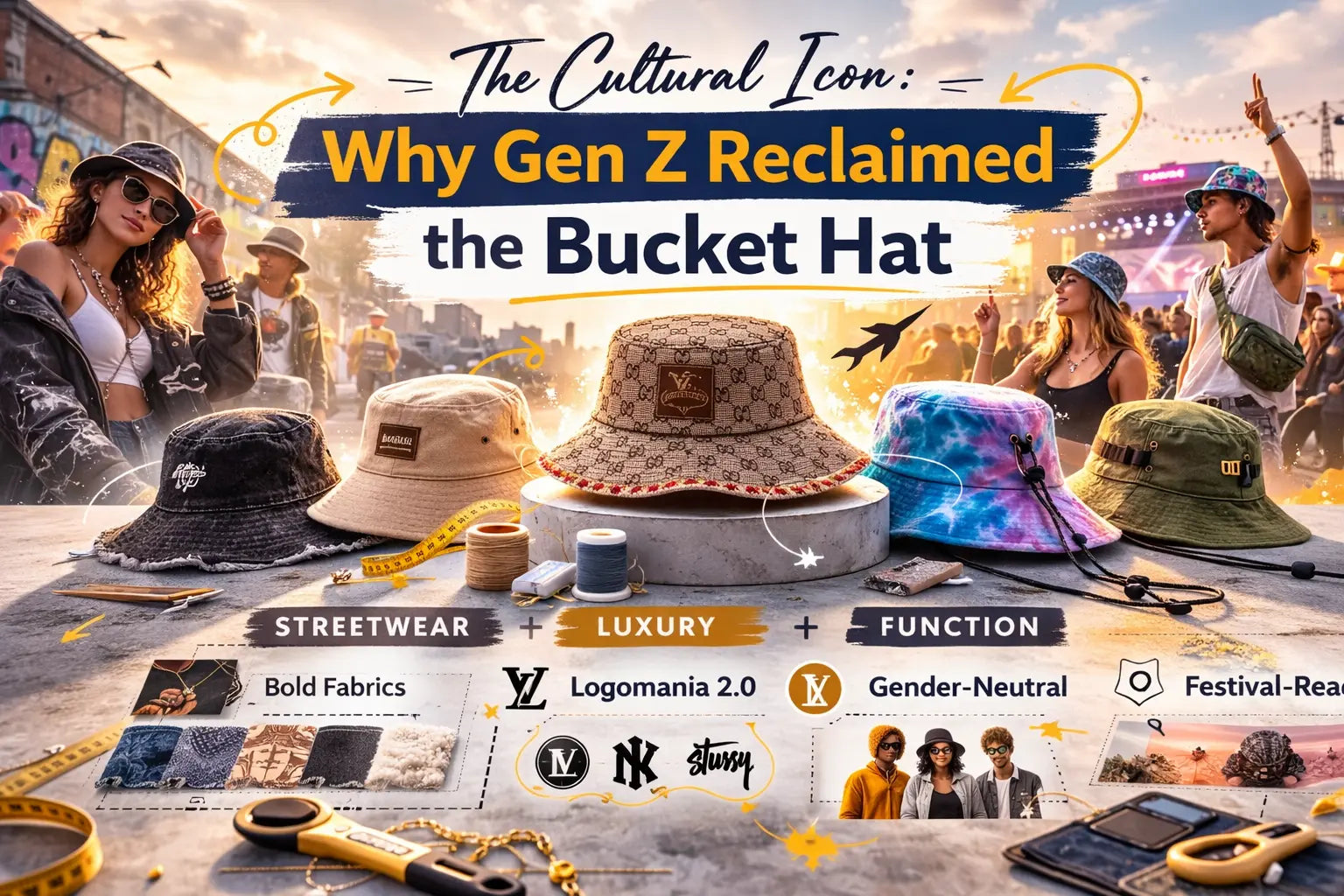 A stylized editorial featured image of a Gen Z model wearing a designer-grade bucket hat in an urban setting, representing the 2026 streetwear reclamation.