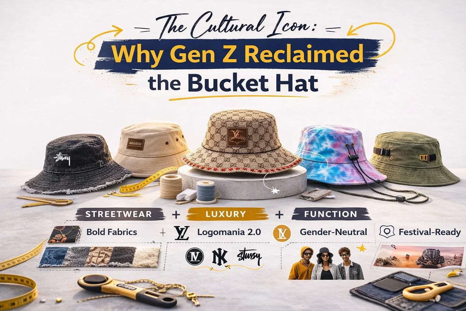 A stylized editorial featured image of a Gen Z model wearing a designer-grade bucket hat in an urban setting, representing the 2026 streetwear reclamation.