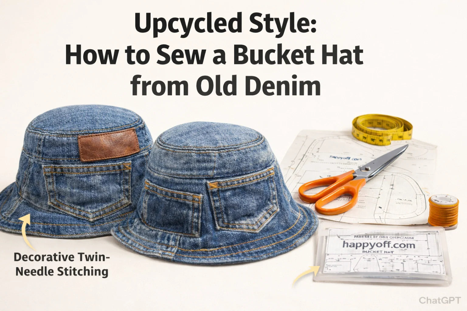 A professional flat-lay featuring a pair of old Levi's jeans, fabric shears, and the HappyOff PDF pattern, titled 'Upcycled Style: The Denim Reconstruction Guide'.