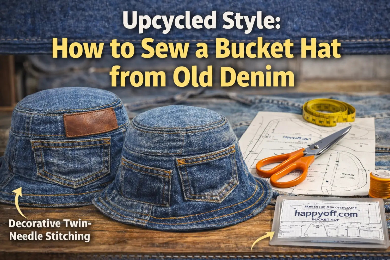 A professional flat-lay featuring a pair of old Levi's jeans, fabric shears, and the HappyOff PDF pattern, titled 'Upcycled Style: The Denim Reconstruction Guide'.