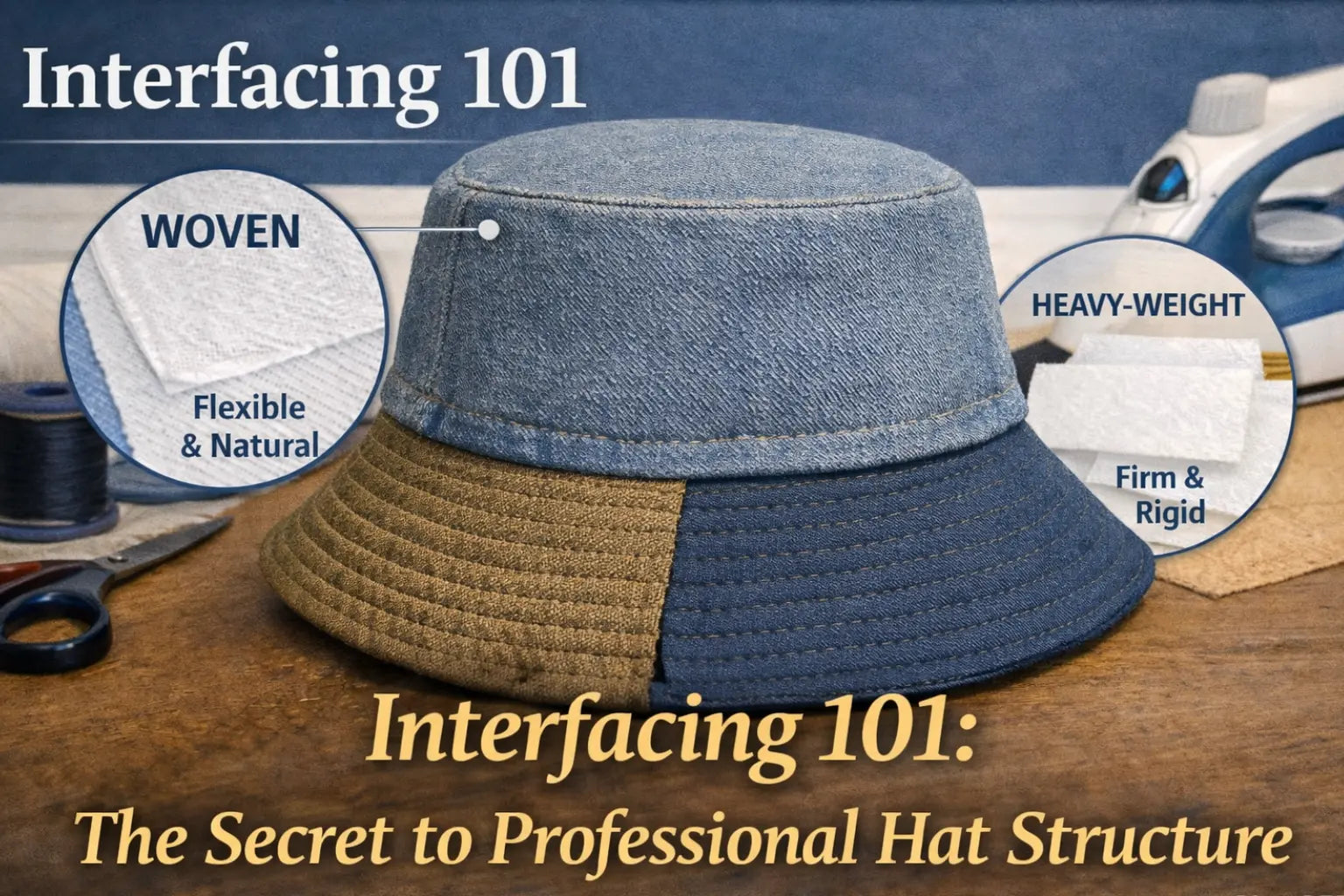 Featured image for 'Interfacing 101' showing a high-end cream canvas bucket hat on a sewing table next to a vintage iron and professional interfacing rolls.