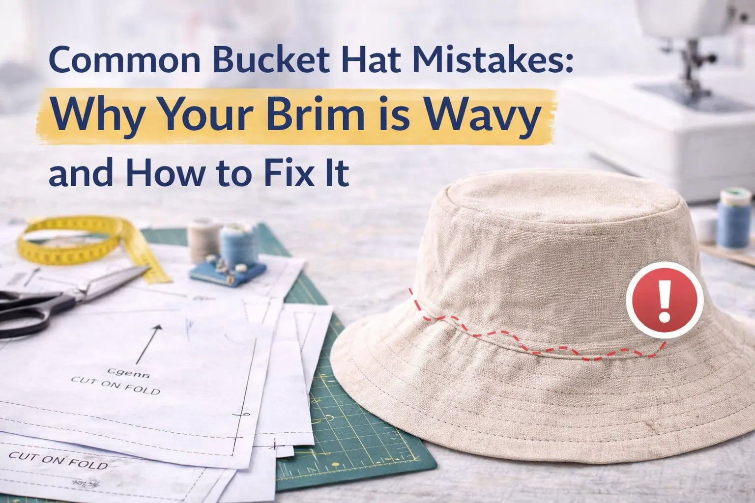 A high-end editorial shot of a maker inspecting a bucket hat brim for ripples, with a professional repair kit and the HappyOff guide in the background.