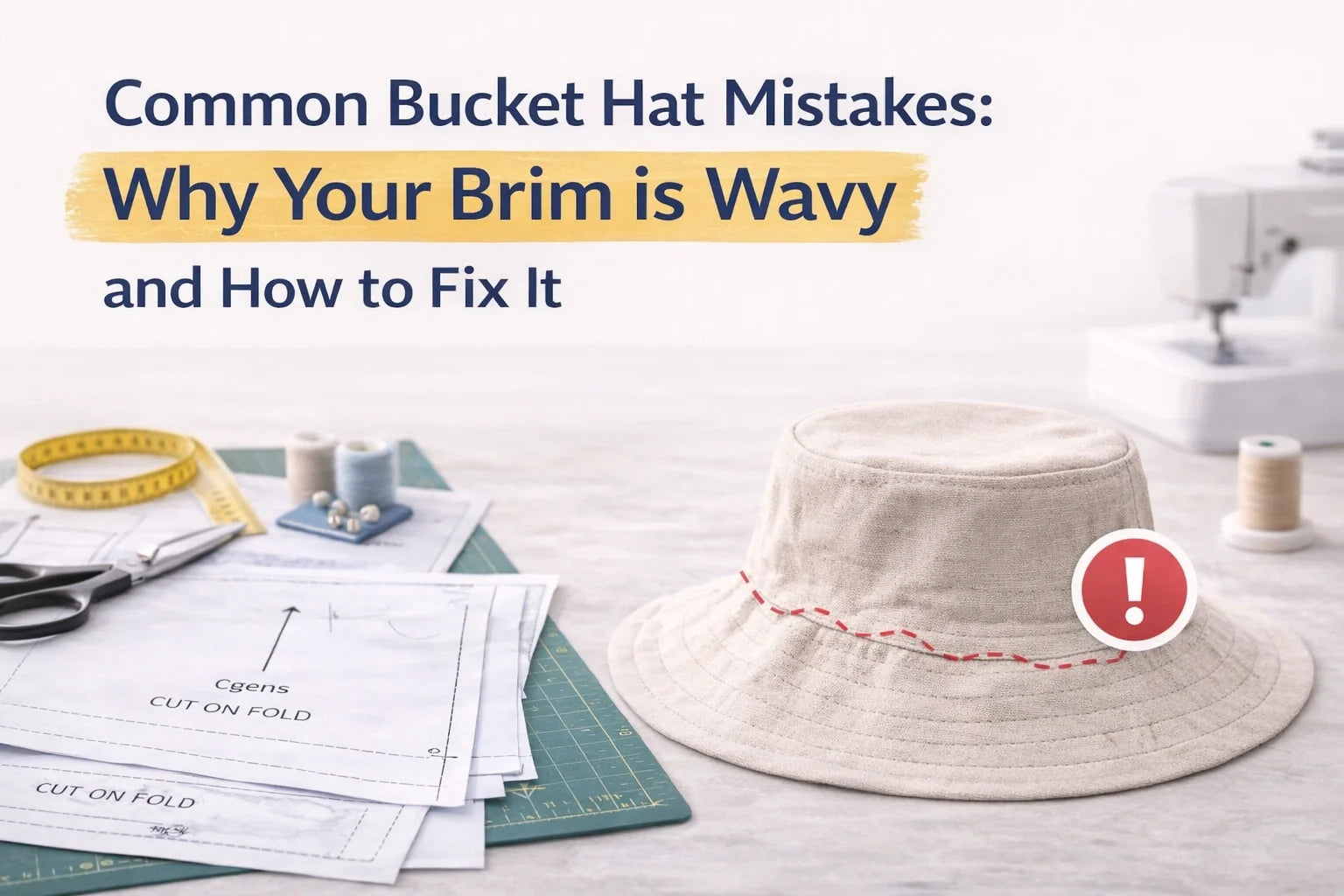 A high-end editorial shot of a maker inspecting a bucket hat brim for ripples, with a professional repair kit and the HappyOff guide in the background.