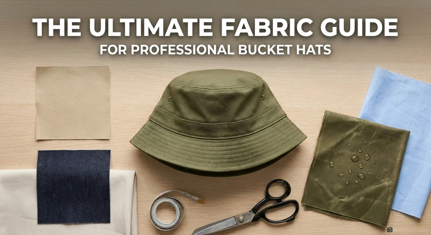 Primary featured image for The Ultimate Fabric Guide featuring a professionally constructed green bucket hat surrounded by technical swatches of canvas, denim, and waxed canvas with tailoring tools on a light wood surface.