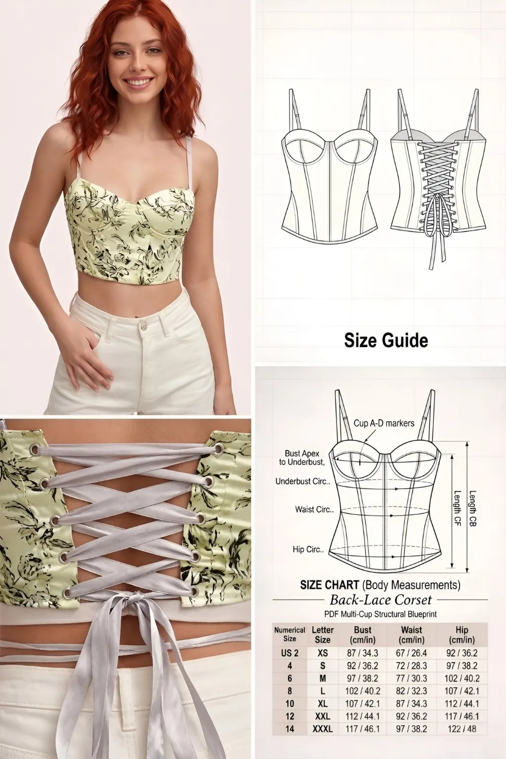 HappyOff back-lace corset PDF sewing pattern, front view demonstrating structural multi-cup drafting in a floral print.