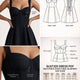 Size guide and measurement chart for the HappyOff bustier dress PDF multi-piece structural blueprint, detailing bust, waist, hip, and total length measurements.