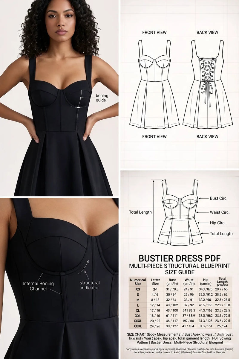 Size guide and measurement chart for the HappyOff bustier dress PDF multi-piece structural blueprint, detailing bust, waist, hip, and total length measurements.