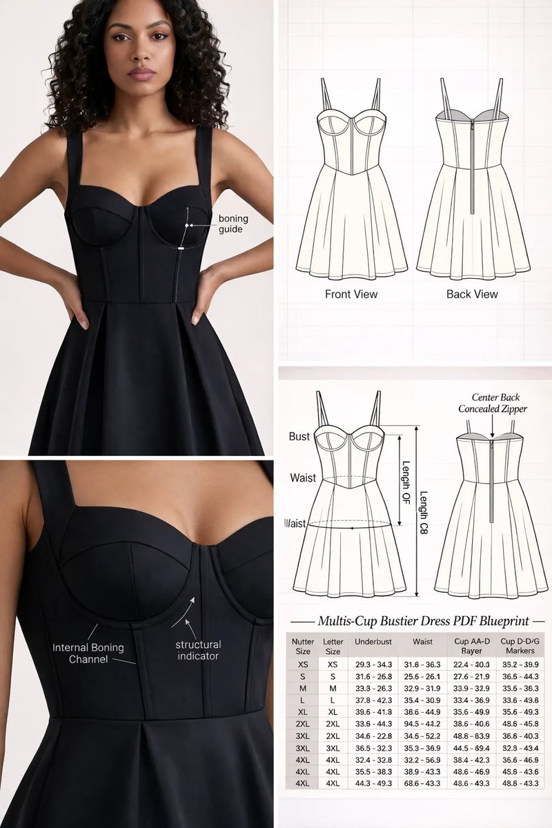 Size guide and measurement chart for the HappyOff bustier dress PDF multi-piece structural blueprint, detailing bust, waist, hip, and total length measurements.