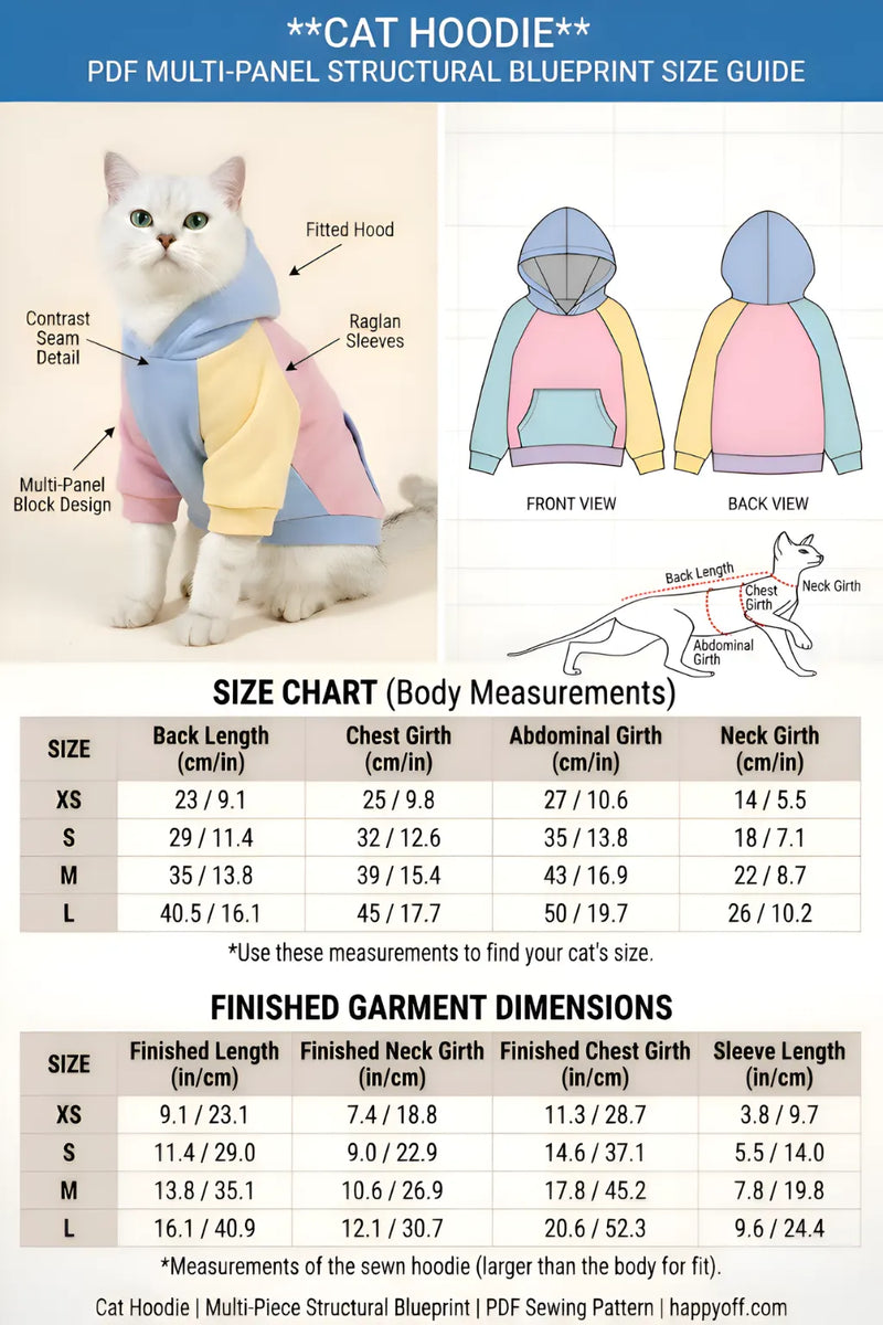Cat hoodie design with size chart and garment dimensions