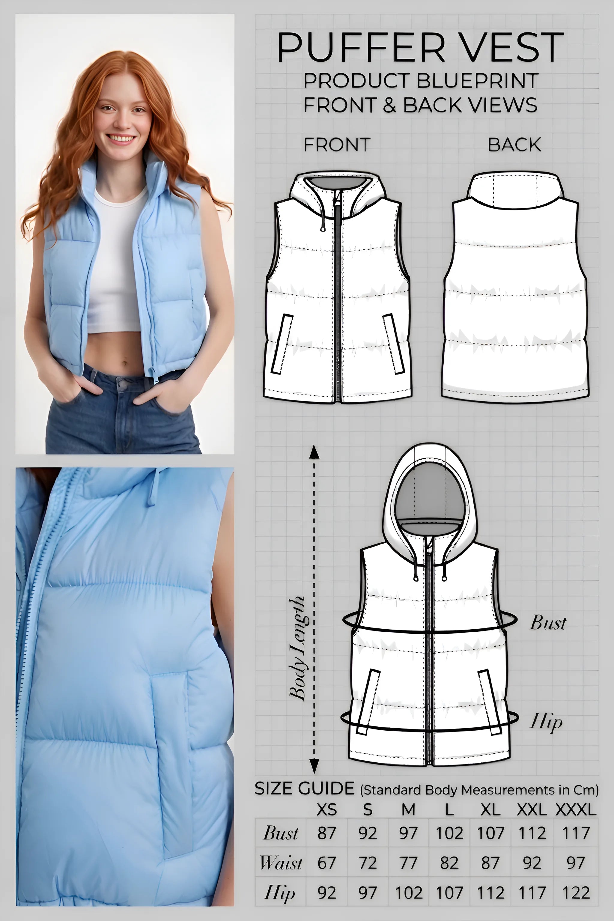 Multi-view composite image featuring technical drawings, model photography, and the size guide for the Puffer Vest PDF pattern.