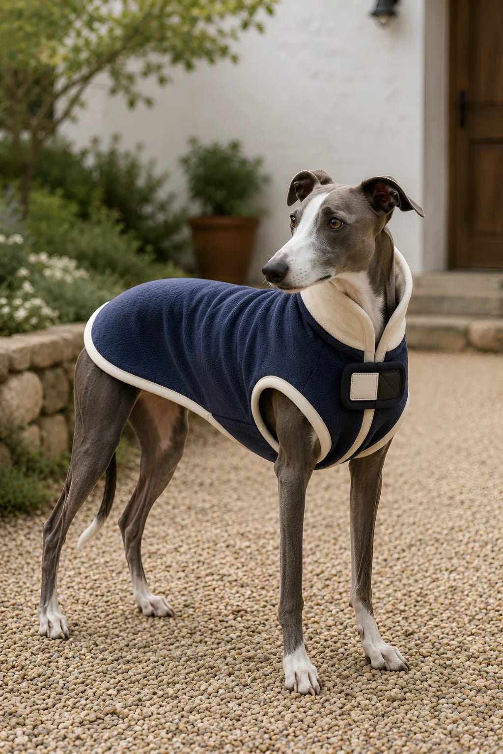 Greyhound standing outdoors wearing a navy blue fleece dog coat featuring contrast off-white lining and bound edges.