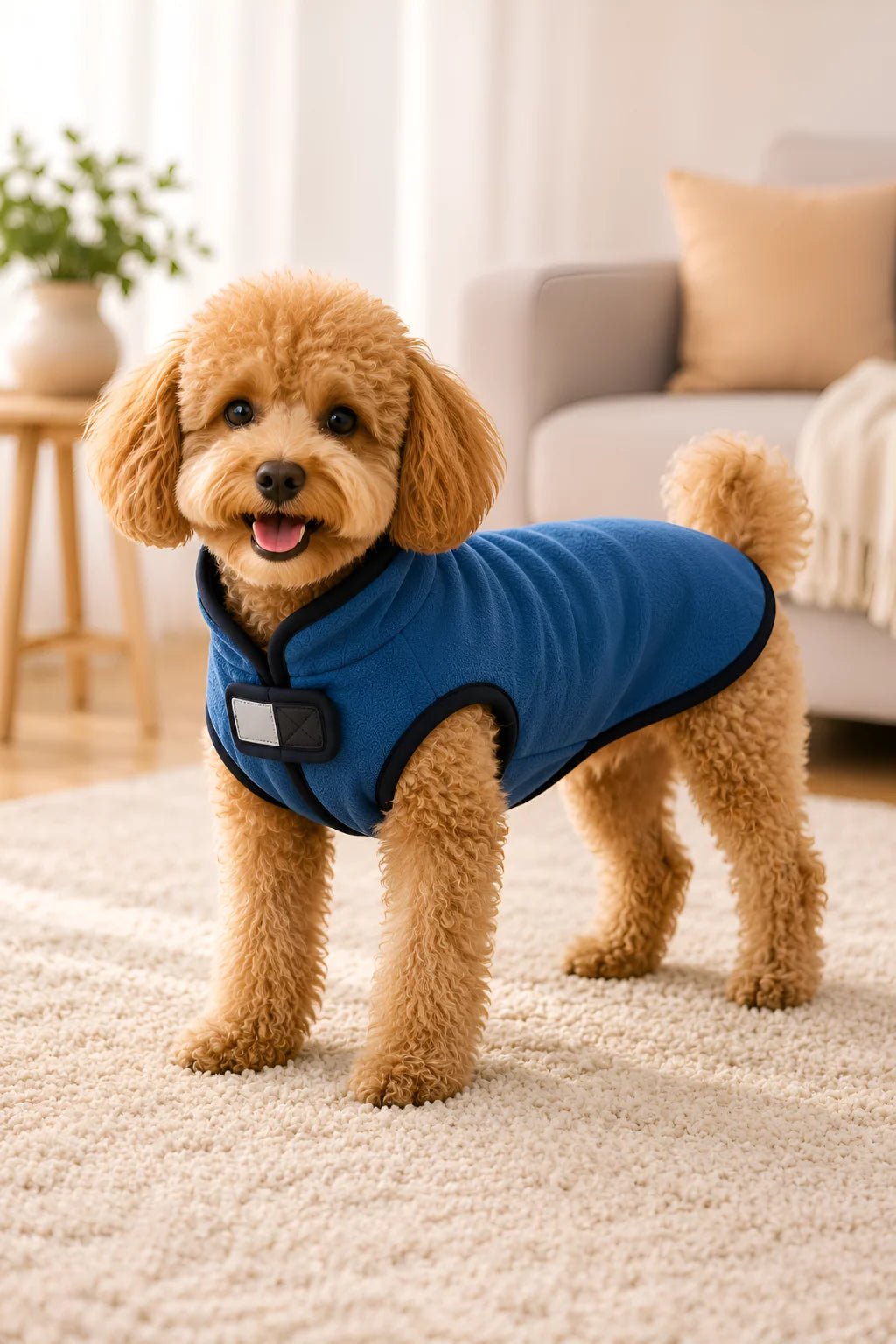 Apricot Toy Poodle modeling a handmade royal blue fleece dog coat with a cozy stand-up collar in a living room setting.