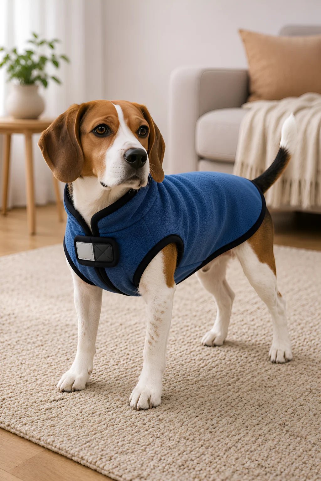 Beagle standing indoors on a beige rug wearing a tailored royal blue fleece dog coat with dark bias binding edge trim.
