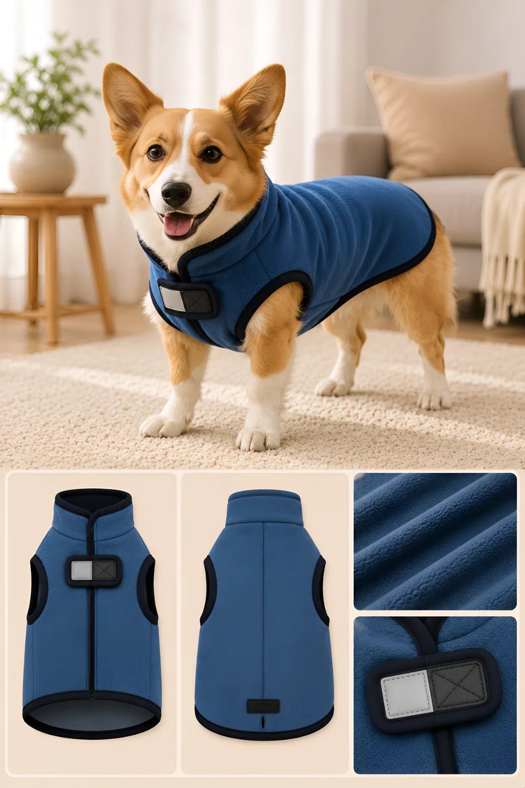 Corgi wearing a blue dog jacket shown above technical vector flat drawings (front and back views) and fabric texture close-ups.