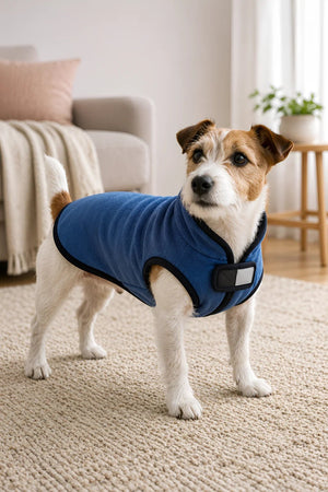 Jack Russell Terrier standing on a carpeted floor wearing a fitted blue fleece dog jacket with a front strap closure.