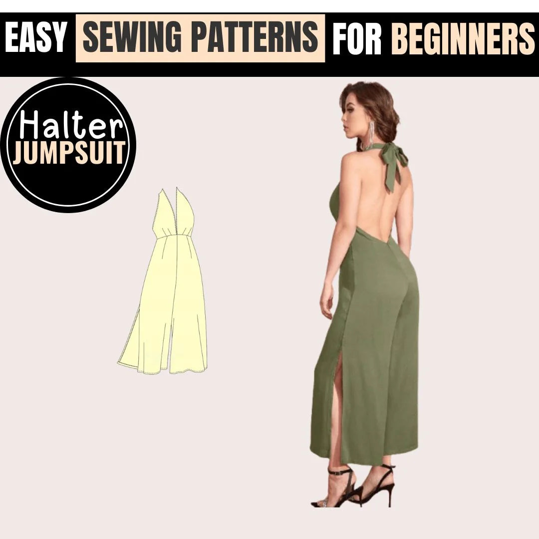Sew your own wide leg linen halter jumpsuit with this easy PDF sewing pattern.
