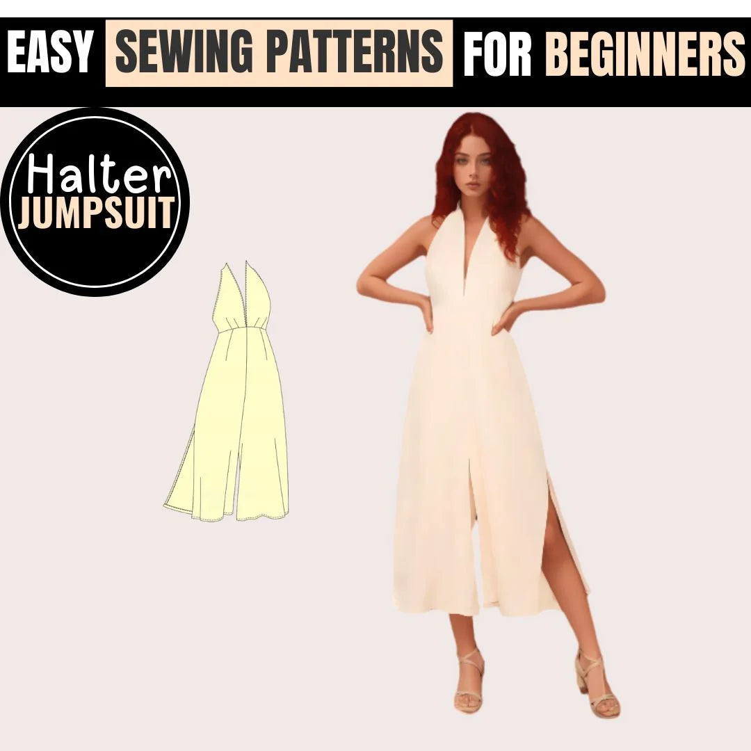 Sew your own wide leg linen halter jumpsuit with this easy PDF sewing pattern.
