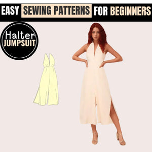 Sew your own wide leg linen halter jumpsuit with this easy PDF sewing pattern.