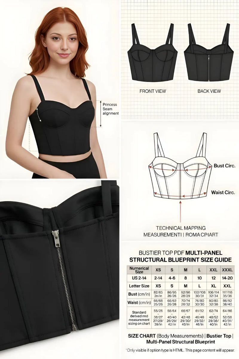 Minimalist lifestyle shot of the completed black bustier top pattern from HappyOff.