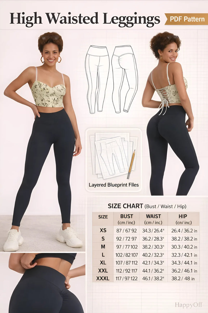 Comprehensive size guide and technical specifications for the high-waisted leggings PDF pattern, including measurements in cm and inches for inclusive sizing XS-XXXL.
