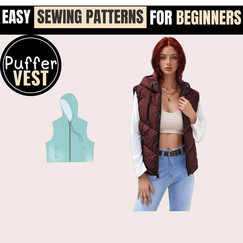 Hooded Puffer Vest Sewing Pattern PDF - DIY Quilted Hooded Puffer Vest Pattern for Women, Available in Sizes XS-XXXL, Perfect for Beginners, Includes Detailed Instructions and Recommended Fabrics for Your Sewing Project