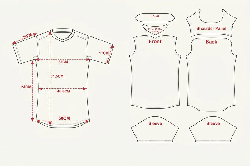 Measurement chart for a t-shirt with labeled parts and dimensions.
