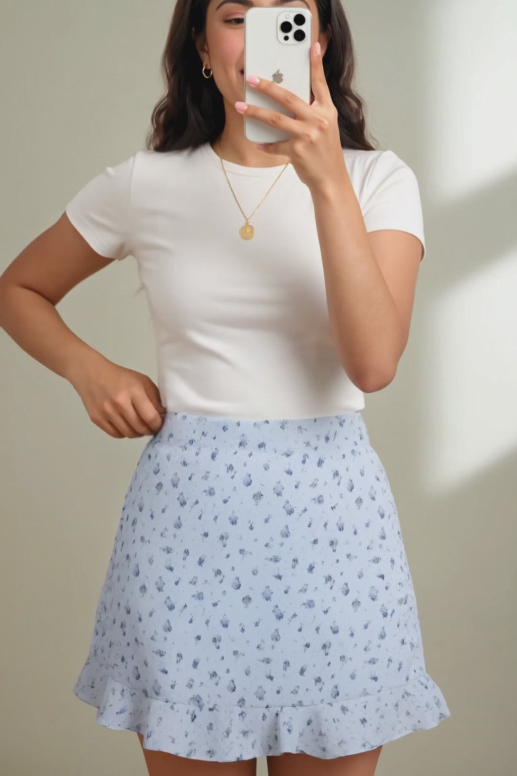 Video lookbook of the light blue floral ruffle skirt demonstrating fabric drape, structural integrity, and movement during wear.