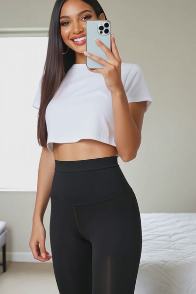 Video demonstration of the black high-waisted leggings in motion, showing fabric stretch, opacity, and waistband stability.