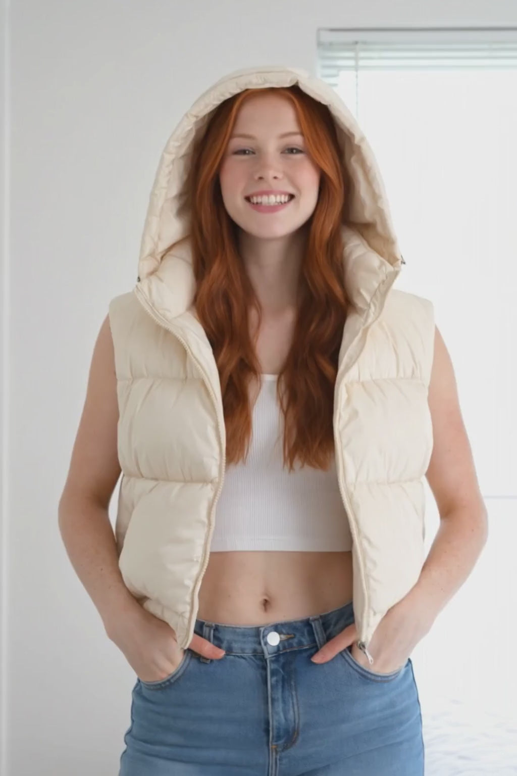 Video walkthrough of the insulated puffer vest showing fabric flexibility, pocket placement, and fit on a moving model.