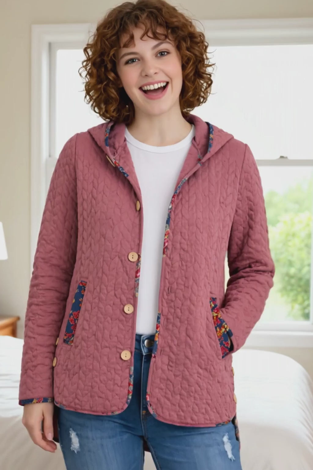 Video walkthrough of the Button Coat featuring fabric texture close-ups, button placket details, and a 360-degree view of the finished quilted garment.