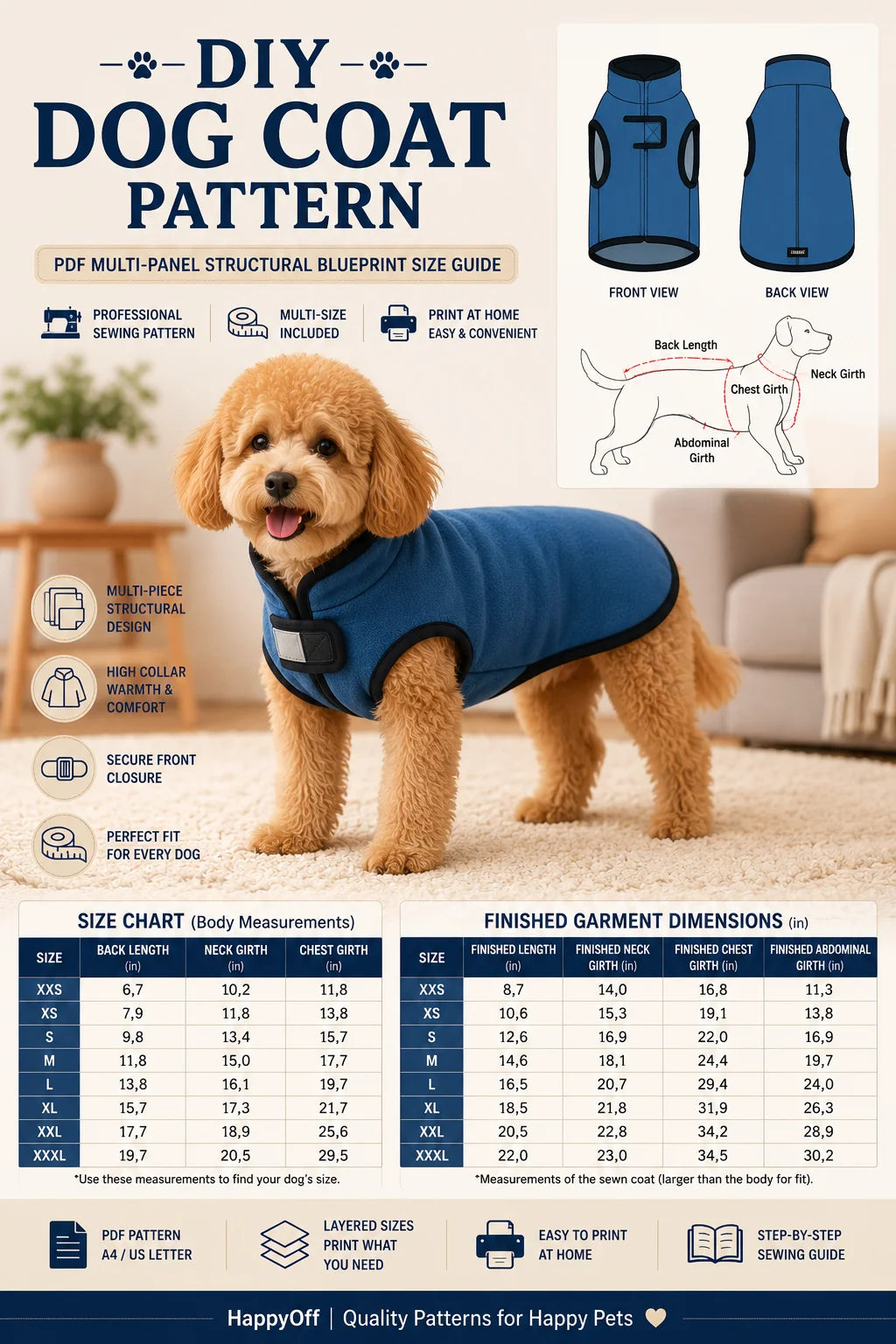 Short promo video showing a Beagle modeling a tailored royal blue fleece dog coat indoors. Animated text highlights features of a DIY PDF sewing pattern, including 8 layered sizes (XXS to XXXL), beginner-friendly assembly, a protective placket, and a stand collar.