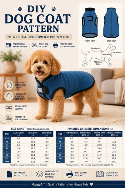 Short promo video showing a Beagle modeling a tailored royal blue fleece dog coat indoors. Animated text highlights features of a DIY PDF sewing pattern, including 8 layered sizes (XXS to XXXL), beginner-friendly assembly, a protective placket, and a stand collar.