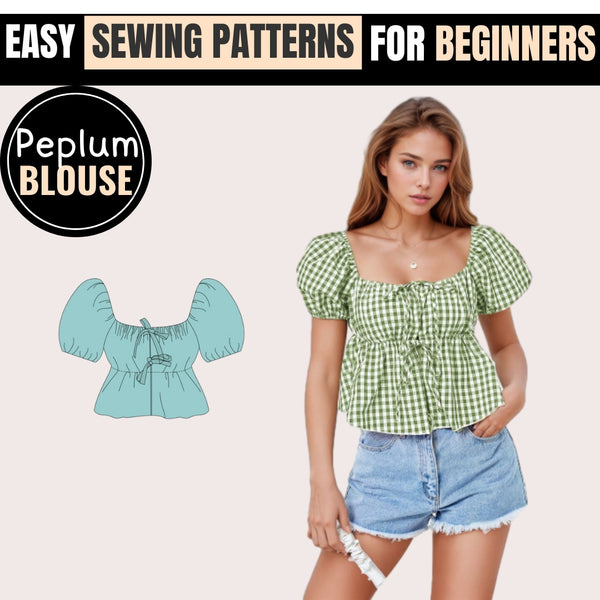 Puffed Sleeve Peplum Top Sewing Pattern, Tie Front Blouse, Milkmaid Blouse Pattern, Puff Sleeve Top, Peplum Top, Peplum Blouse Pattern Women