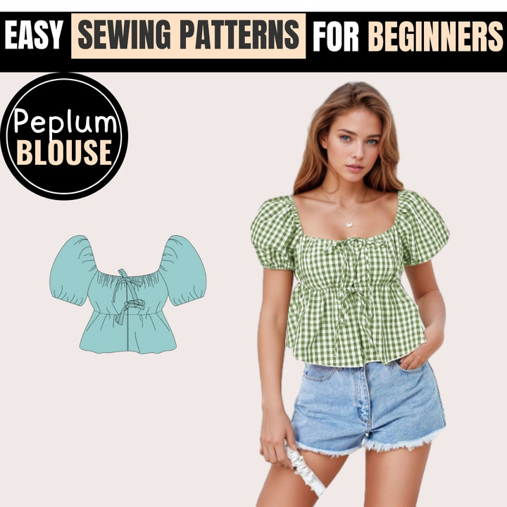 Puffed Sleeve Peplum Top Sewing Pattern, Tie Front Blouse, Milkmaid Blouse Pattern, Puff Sleeve Top, Peplum Top, Peplum Blouse Pattern Women