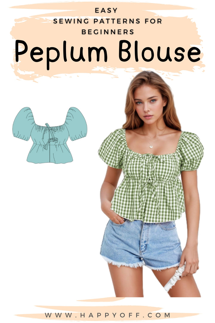 Puffed Sleeve Peplum Top Sewing Pattern, Tie Front Blouse, Milkmaid Blouse Pattern, Puff Sleeve Top, Peplum Top, Peplum Blouse Pattern Women